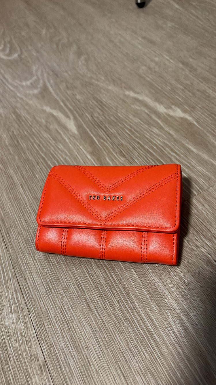 Ted Baker Women's Red Quilted Leather Trifold Wallet Chevron Snap Closure